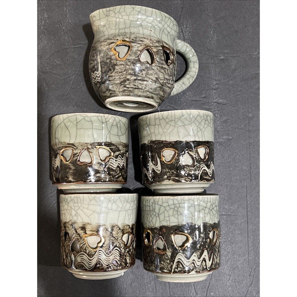 5 Somayaki Soma Ware Double Wall Crackle Tea Cups 3” Creamer Heart Gold Horse